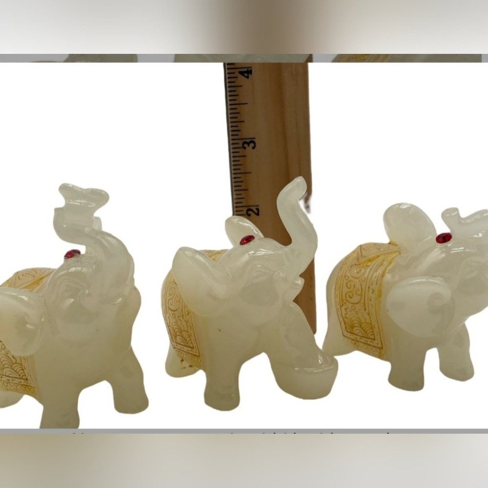 Feng Shui Set of 3 White Jade Elephant Figurines with Gold Accents - Picture 7 of 11